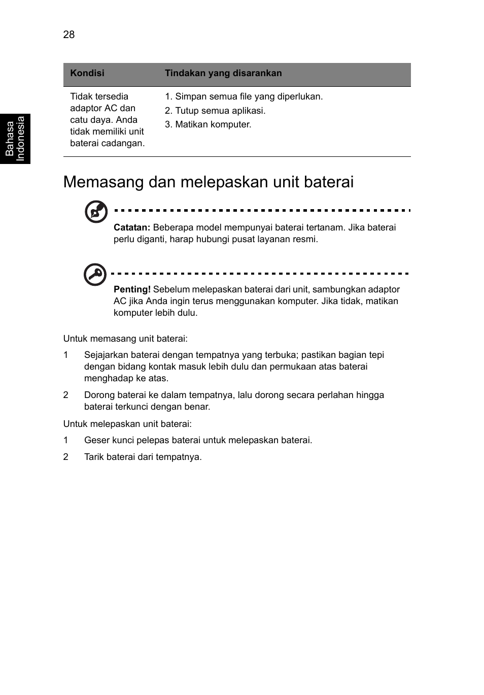 Memasang dan melepaskan unit baterai | Acer Aspire V5-571G User Manual | Page 2366 / 2484