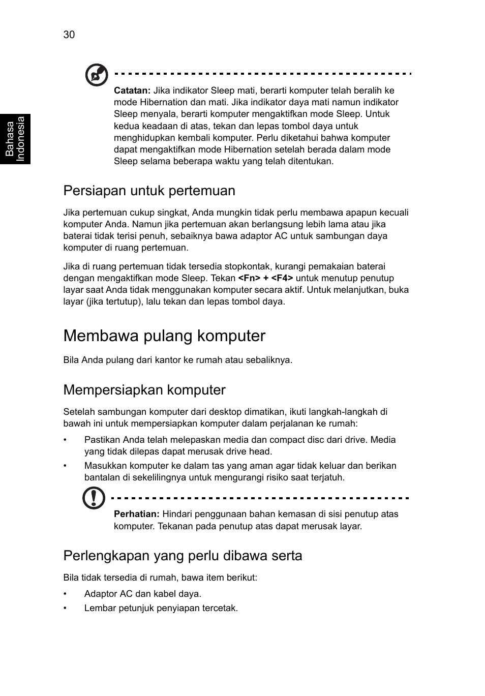 Membawa pulang komputer, Persiapan untuk pertemuan, Mempersiapkan komputer | Perlengkapan yang perlu dibawa serta | Acer Aspire V5-571G User Manual | Page 2368 / 2484