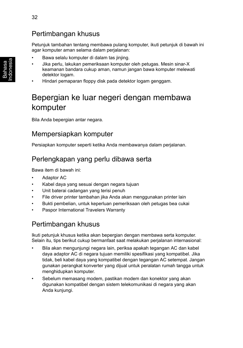 Bepergian ke luar negeri dengan membawa komputer, Pertimbangan khusus, Mempersiapkan komputer | Perlengkapan yang perlu dibawa serta | Acer Aspire V5-571G User Manual | Page 2370 / 2484