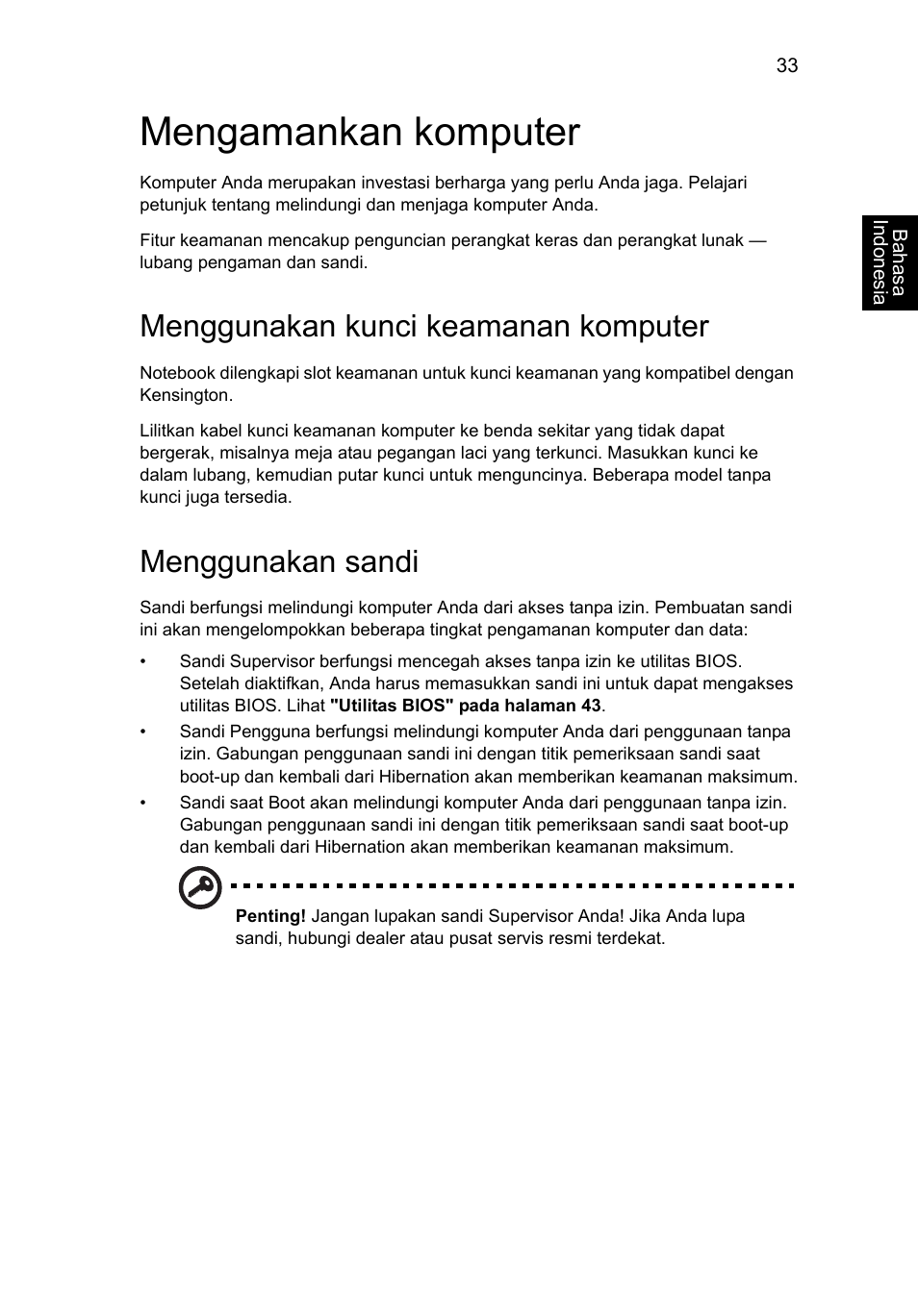 Mengamankan komputer, Menggunakan kunci keamanan komputer, Menggunakan sandi | Acer Aspire V5-571G User Manual | Page 2371 / 2484