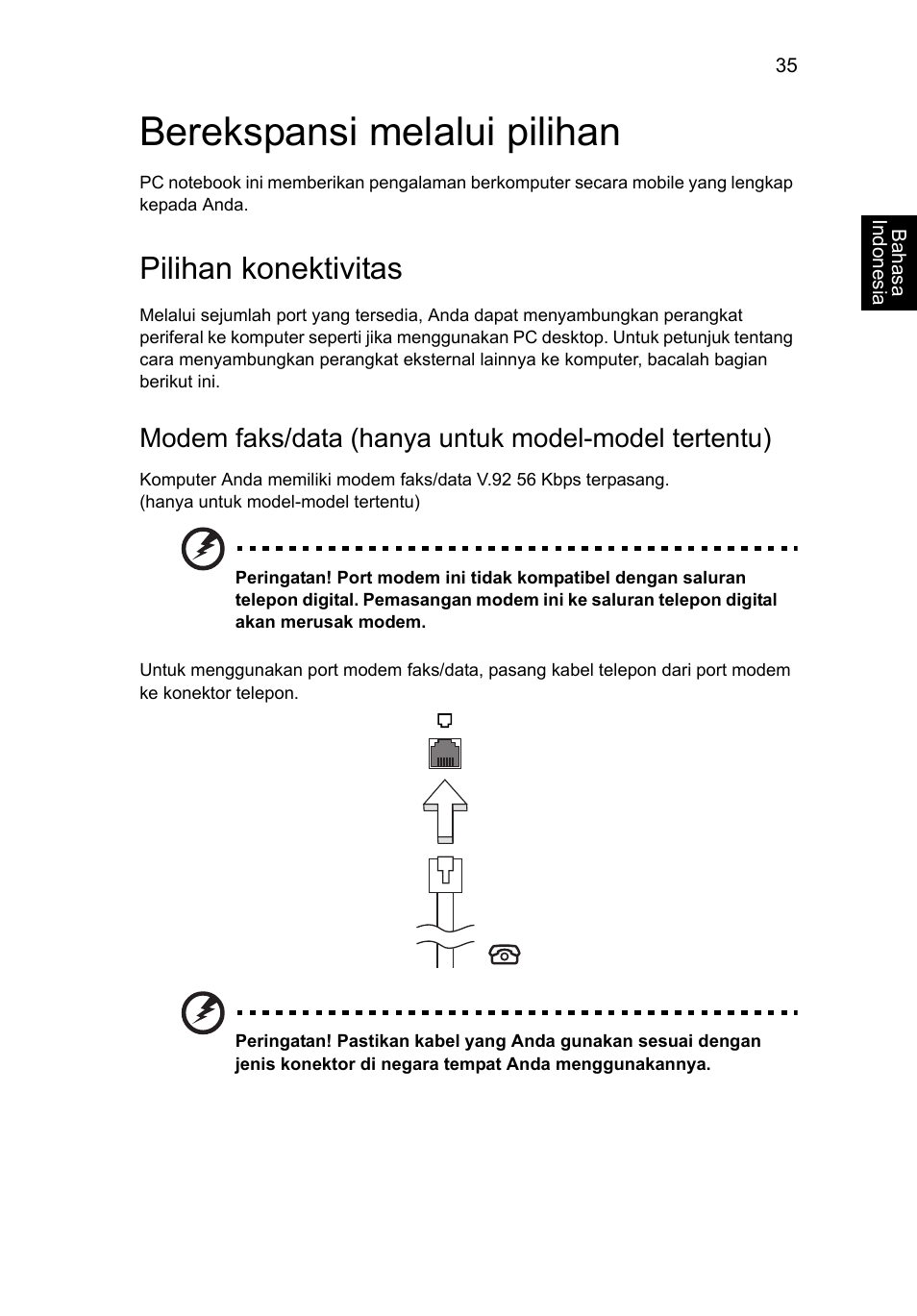 Berekspansi melalui pilihan, Pilihan konektivitas, Modem faks/data (hanya untuk model-model tertentu) | Acer Aspire V5-571G User Manual | Page 2373 / 2484