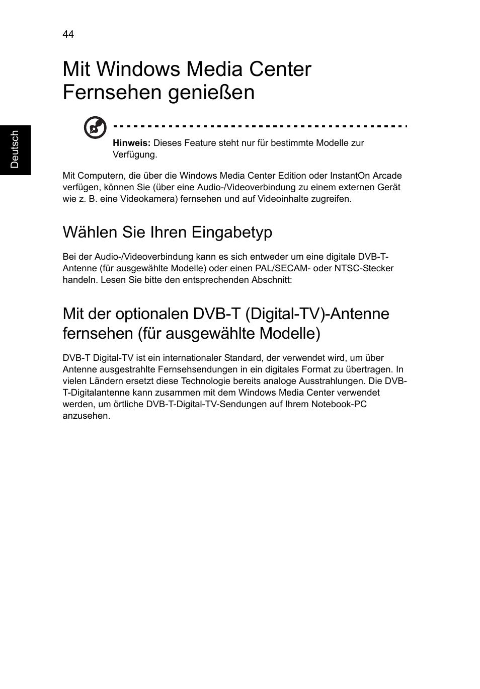 Mit windows media center fernsehen genießen, Wählen sie ihren eingabetyp | Acer Aspire V5-571G User Manual | Page 238 / 2484