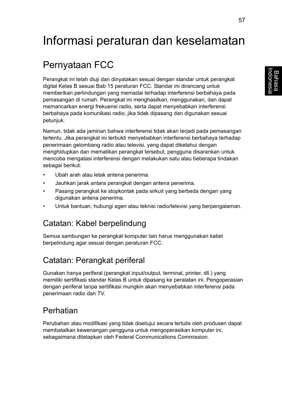 Informasi peraturan dan keselamatan, Pernyataan fcc, Catatan: kabel berpelindung | Catatan: perangkat periferal, Perhatian | Acer Aspire V5-571G User Manual | Page 2395 / 2484