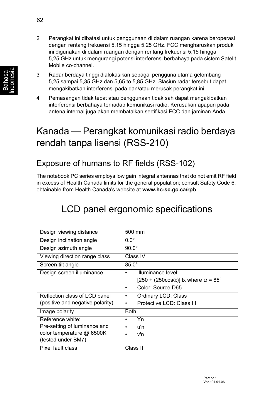 Lcd panel ergonomic specifications, Kanada — perangkat komunikasi radio berdaya, Rendah tanpa lisensi (rss-210) | Exposure of humans to rf fields (rss-102) | Acer Aspire V5-571G User Manual | Page 2400 / 2484