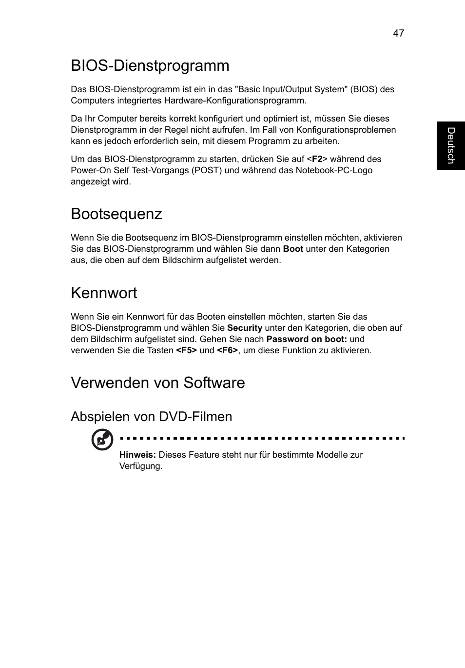 Bios-dienstprogramm, Verwenden von software, Bootsequenz | Kennwort, Abspielen von dvd-filmen | Acer Aspire V5-571G User Manual | Page 241 / 2484