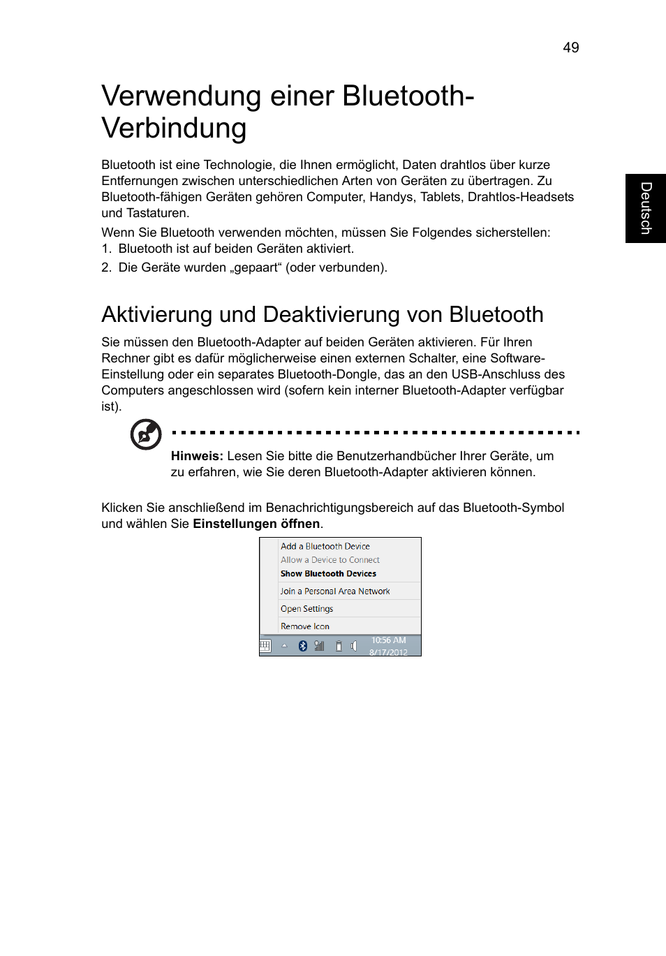 Verwendung einer bluetooth- verbindung, Aktivierung und deaktivierung von bluetooth, Verwendung einer bluetooth-verbindung | Acer Aspire V5-571G User Manual | Page 243 / 2484