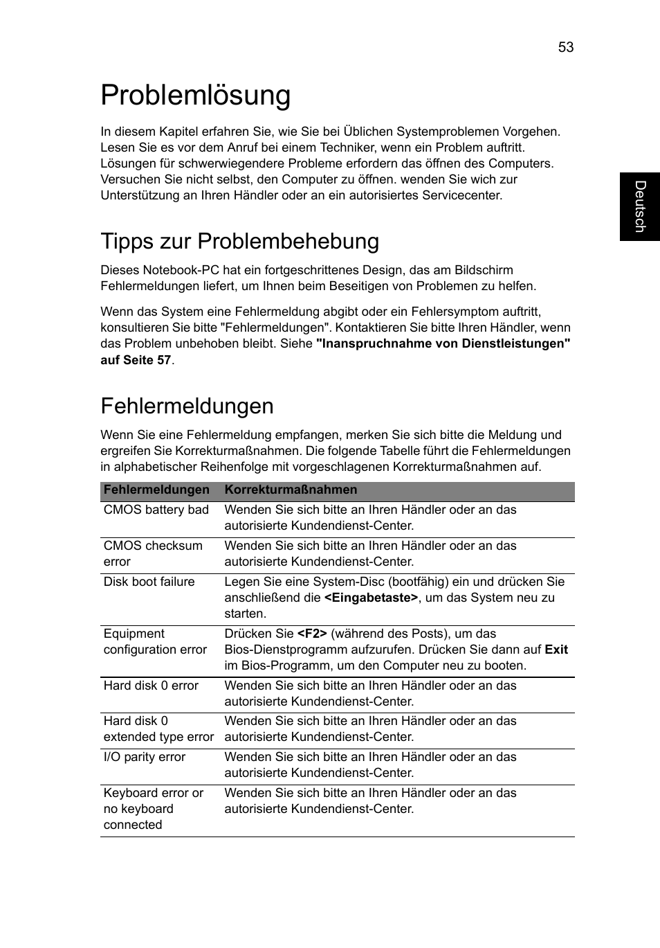 Problemlösung, Tipps zur problembehebung, Fehlermeldungen | Acer Aspire V5-571G User Manual | Page 247 / 2484