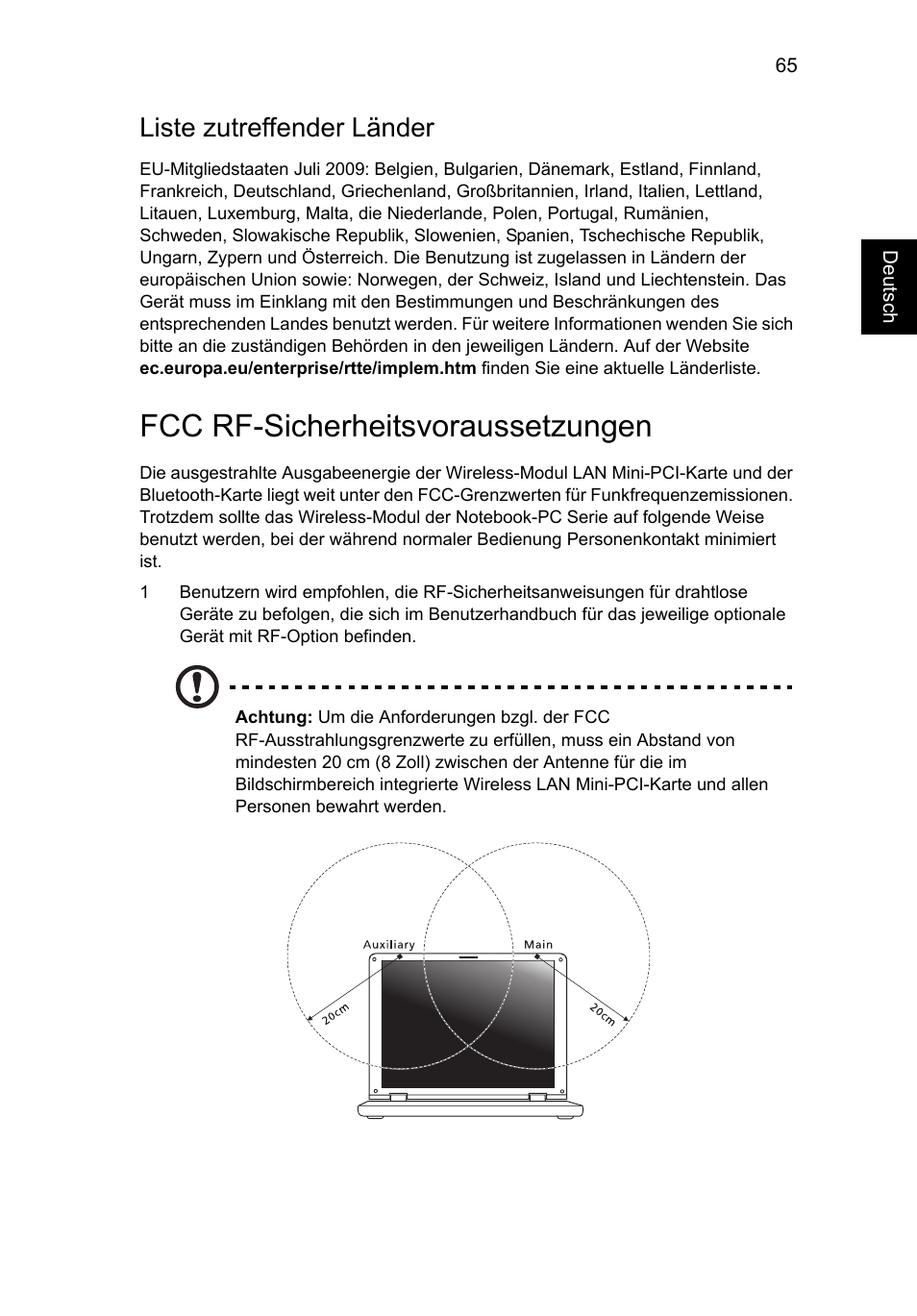 Fcc rf-sicherheitsvoraussetzungen, Liste zutreffender länder | Acer Aspire V5-571G User Manual | Page 259 / 2484