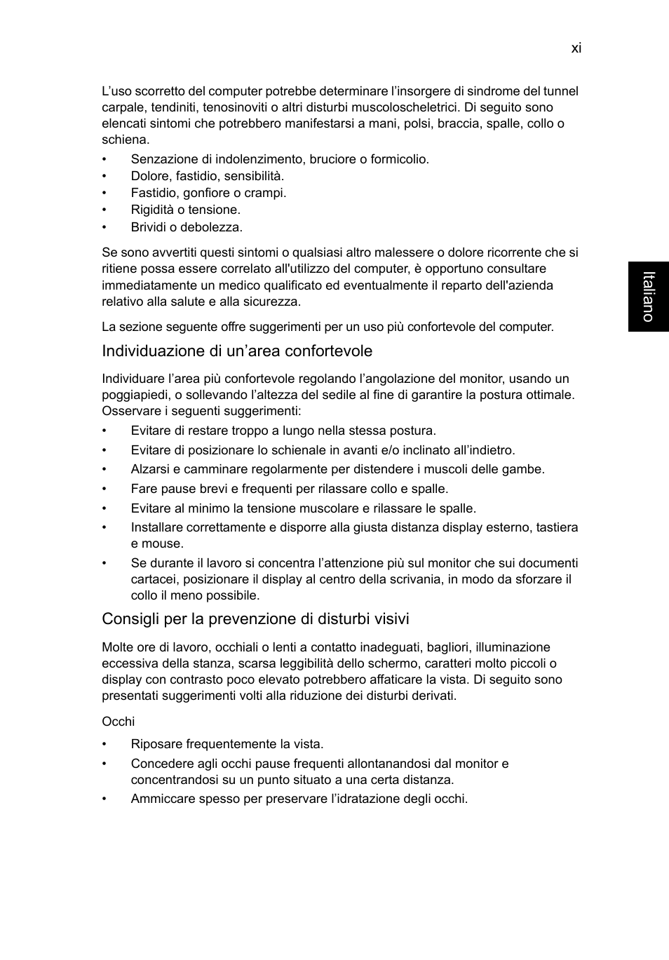 Italiano, Individuazione di un’area confortevole, Consigli per la prevenzione di disturbi visivi | Acer Aspire V5-571G User Manual | Page 273 / 2484