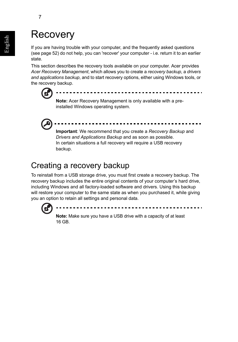 Recovery, Creating a recovery backup | Acer Aspire V5-571G User Manual | Page 28 / 2484