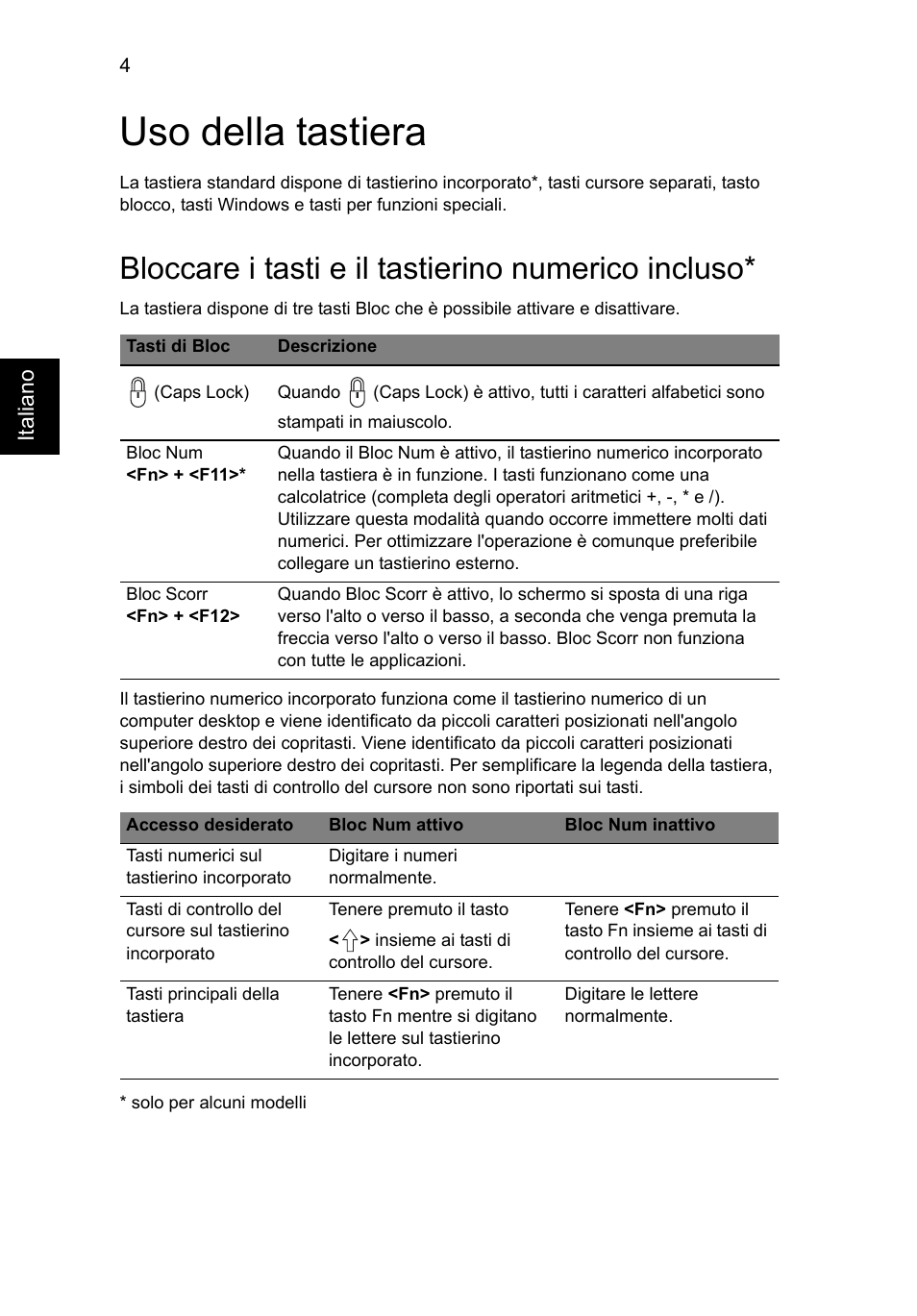 Uso della tastiera, Bloccare i tasti e il tastierino numerico incluso | Acer Aspire V5-571G User Manual | Page 286 / 2484