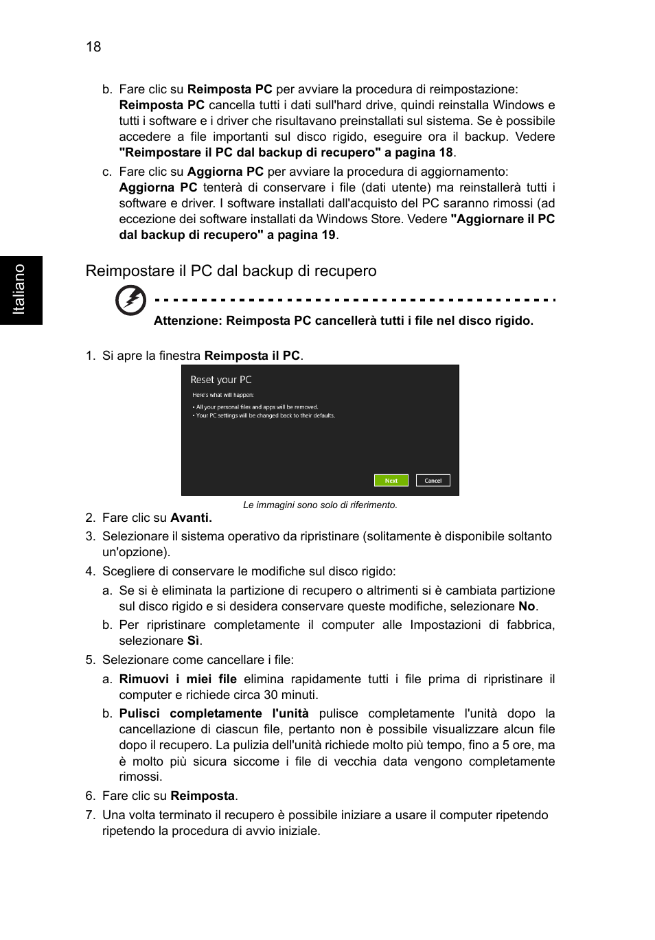 Ita liano, Reimpostare il pc dal backup di recupero | Acer Aspire V5-571G User Manual | Page 300 / 2484