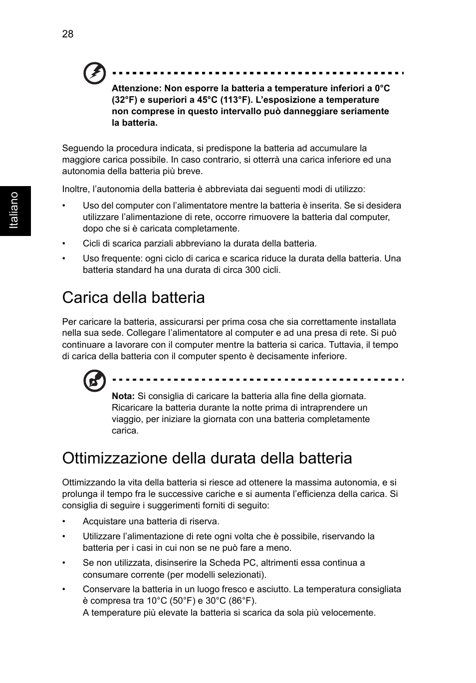 Carica della batteria, Ottimizzazione della durata della batteria | Acer Aspire V5-571G User Manual | Page 310 / 2484