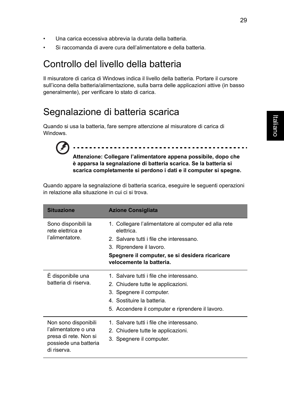 Controllo del livello della batteria, Segnalazione di batteria scarica | Acer Aspire V5-571G User Manual | Page 311 / 2484