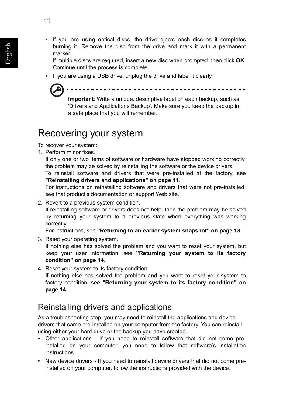 Recovering your system, Reinstalling drivers and applications | Acer Aspire V5-571G User Manual | Page 32 / 2484