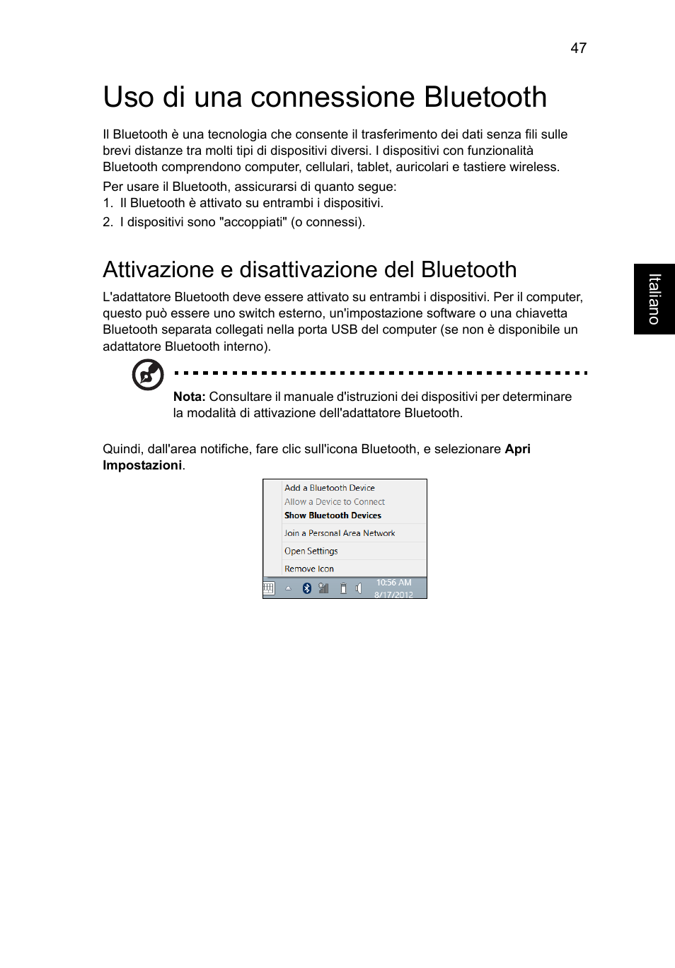 Uso di una connessione bluetooth, Attivazione e disattivazione del bluetooth | Acer Aspire V5-571G User Manual | Page 329 / 2484