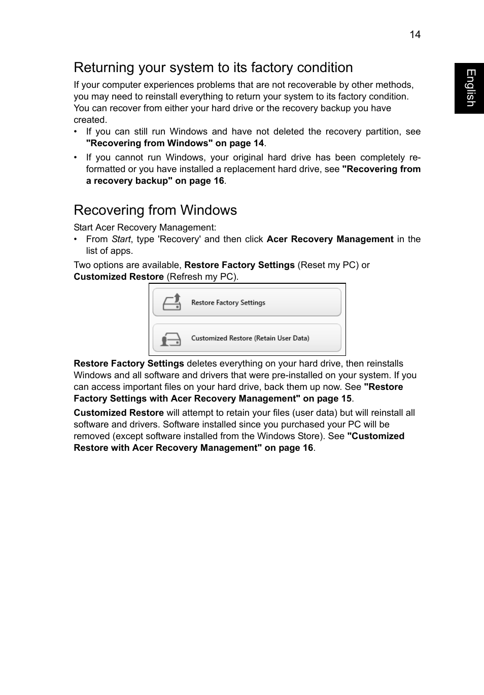 Returning your system to its factory condition, Recovering from windows | Acer Aspire V5-571G User Manual | Page 35 / 2484