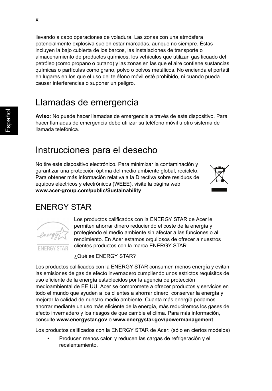 Llamadas de emergencia, Instrucciones para el desecho, Energy star | Acer Aspire V5-571G User Manual | Page 356 / 2484