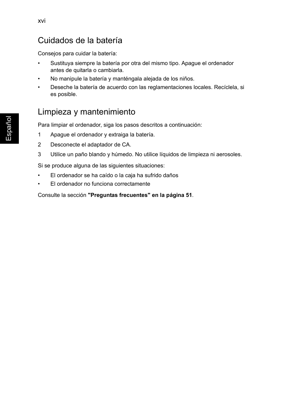 Cuidados de la batería, Limpieza y mantenimiento | Acer Aspire V5-571G User Manual | Page 362 / 2484