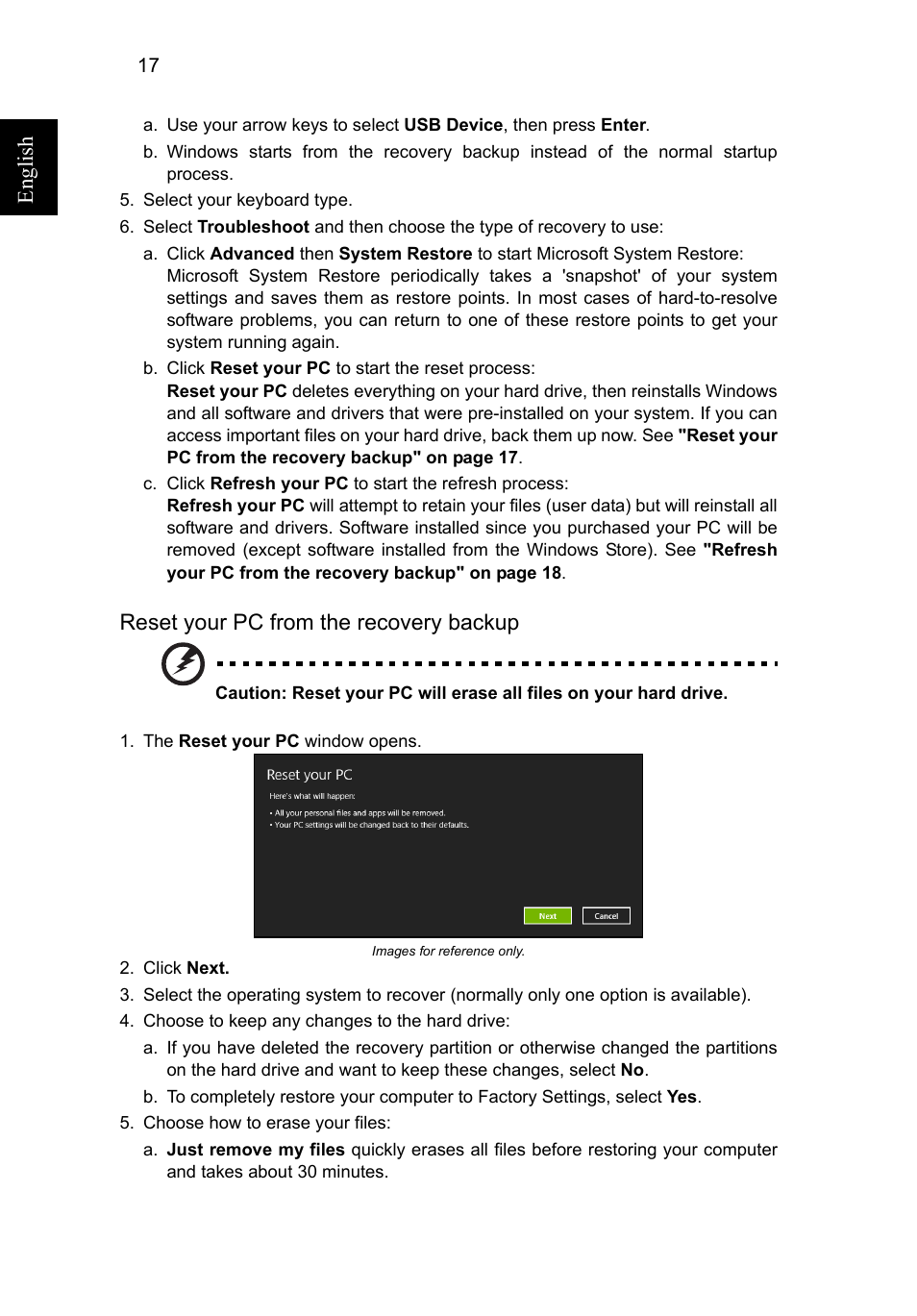 Eng lish, Reset your pc from the recovery backup | Acer Aspire V5-571G User Manual | Page 38 / 2484