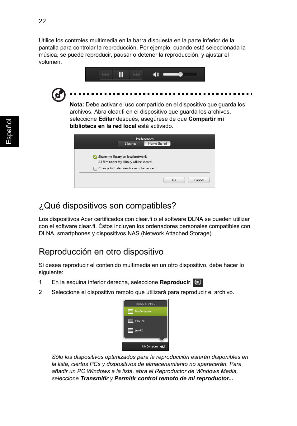 Qué dispositivos son compatibles, Reproducción en otro dispositivo | Acer Aspire V5-571G User Manual | Page 388 / 2484