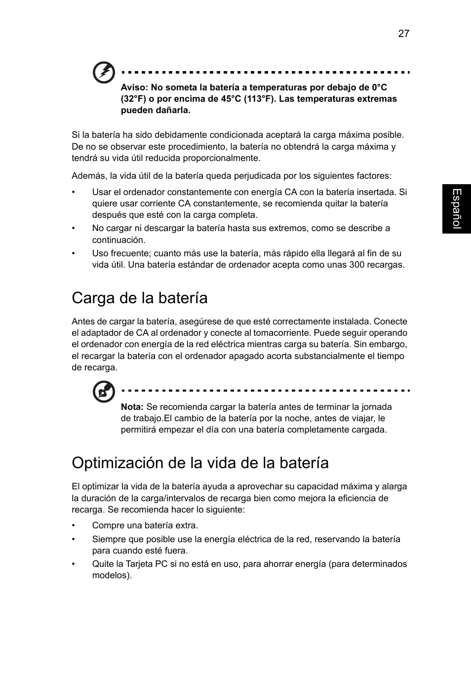 Carga de la batería, Optimización de la vida de la batería | Acer Aspire V5-571G User Manual | Page 393 / 2484