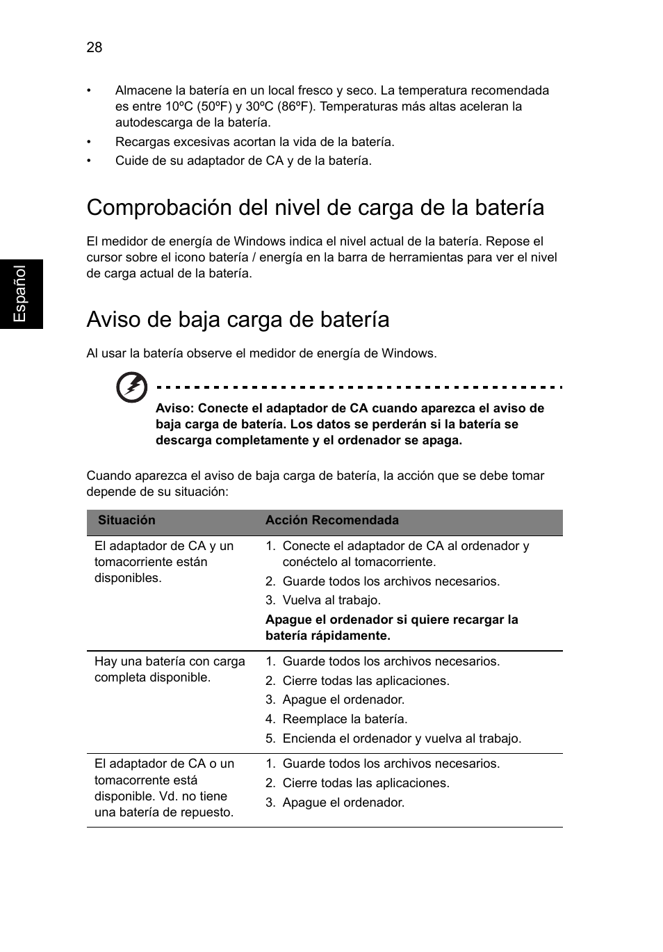 Comprobación del nivel de carga de la batería, Aviso de baja carga de batería | Acer Aspire V5-571G User Manual | Page 394 / 2484