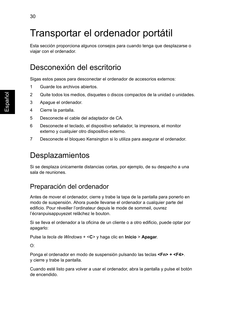 Transportar el ordenador portátil, Desconexión del escritorio, Desplazamientos | Preparación del ordenador | Acer Aspire V5-571G User Manual | Page 396 / 2484