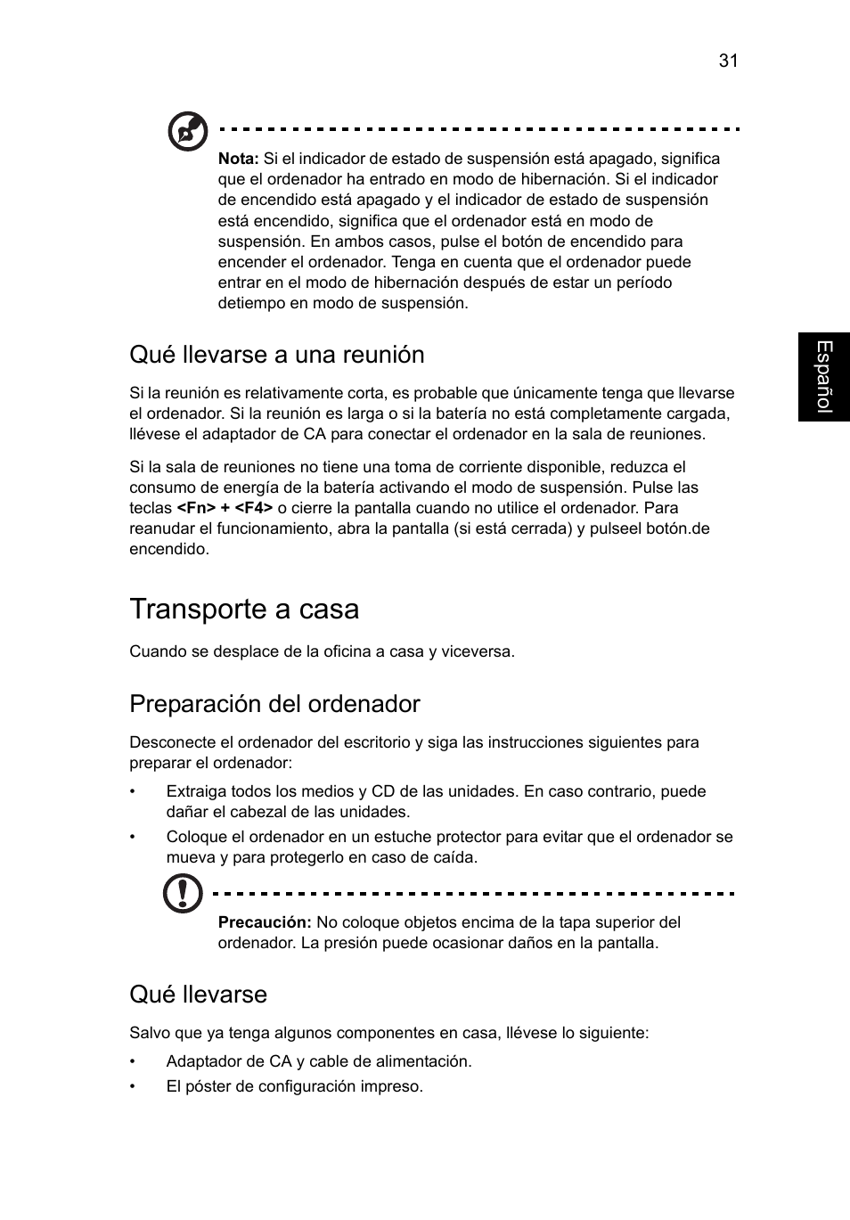 Transporte a casa, Qué llevarse a una reunión, Preparación del ordenador | Qué llevarse | Acer Aspire V5-571G User Manual | Page 397 / 2484