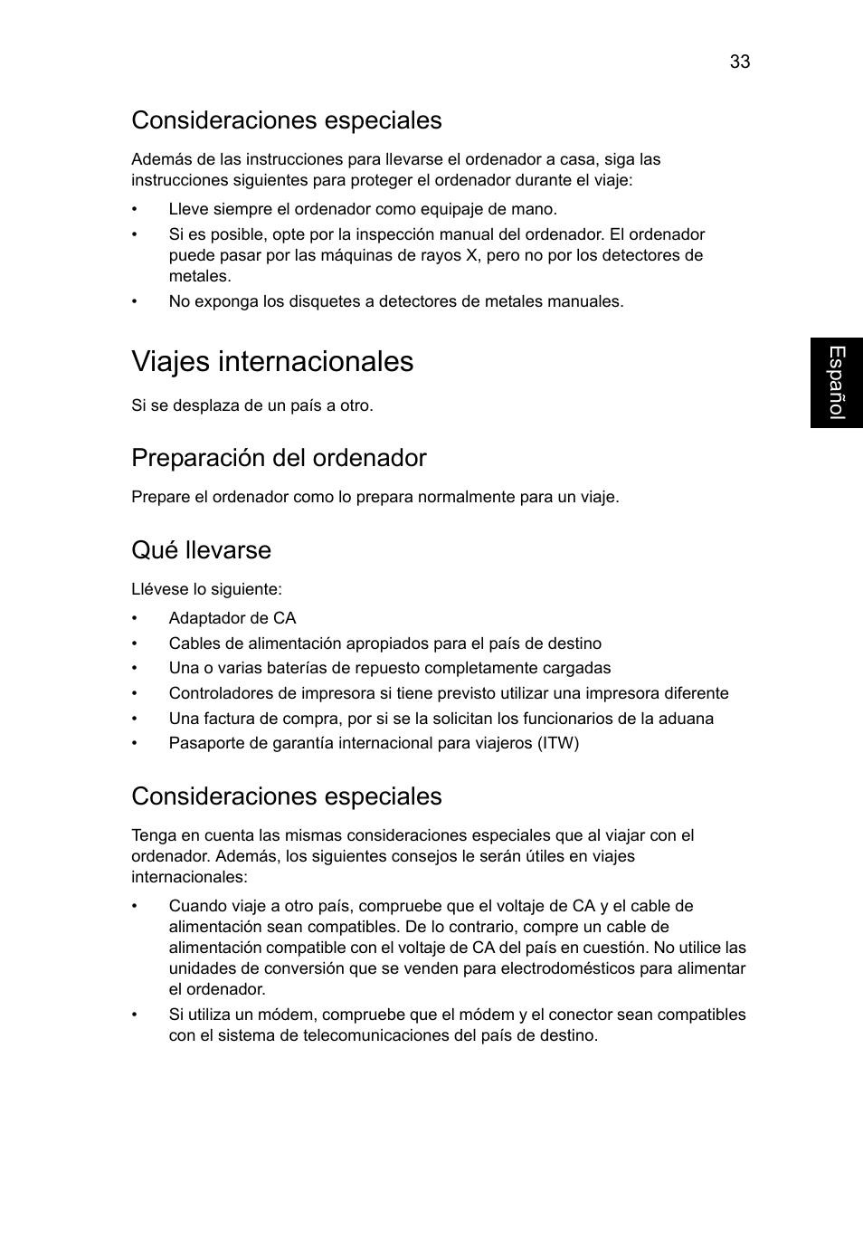 Viajes internacionales, Consideraciones especiales, Preparación del ordenador | Qué llevarse | Acer Aspire V5-571G User Manual | Page 399 / 2484