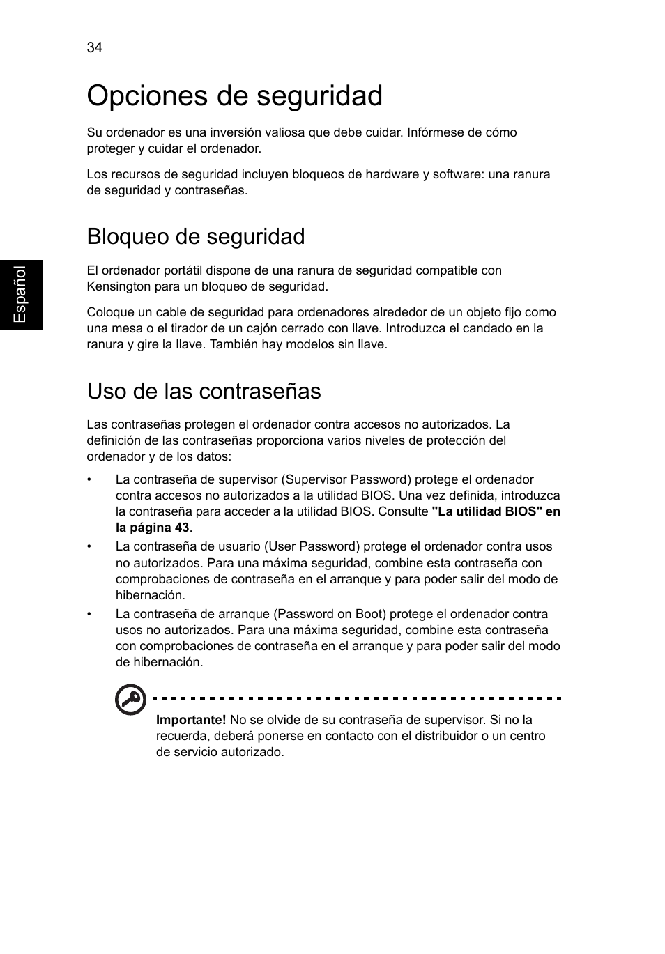 Opciones de seguridad, Bloqueo de seguridad, Uso de las contraseñas | Acer Aspire V5-571G User Manual | Page 400 / 2484