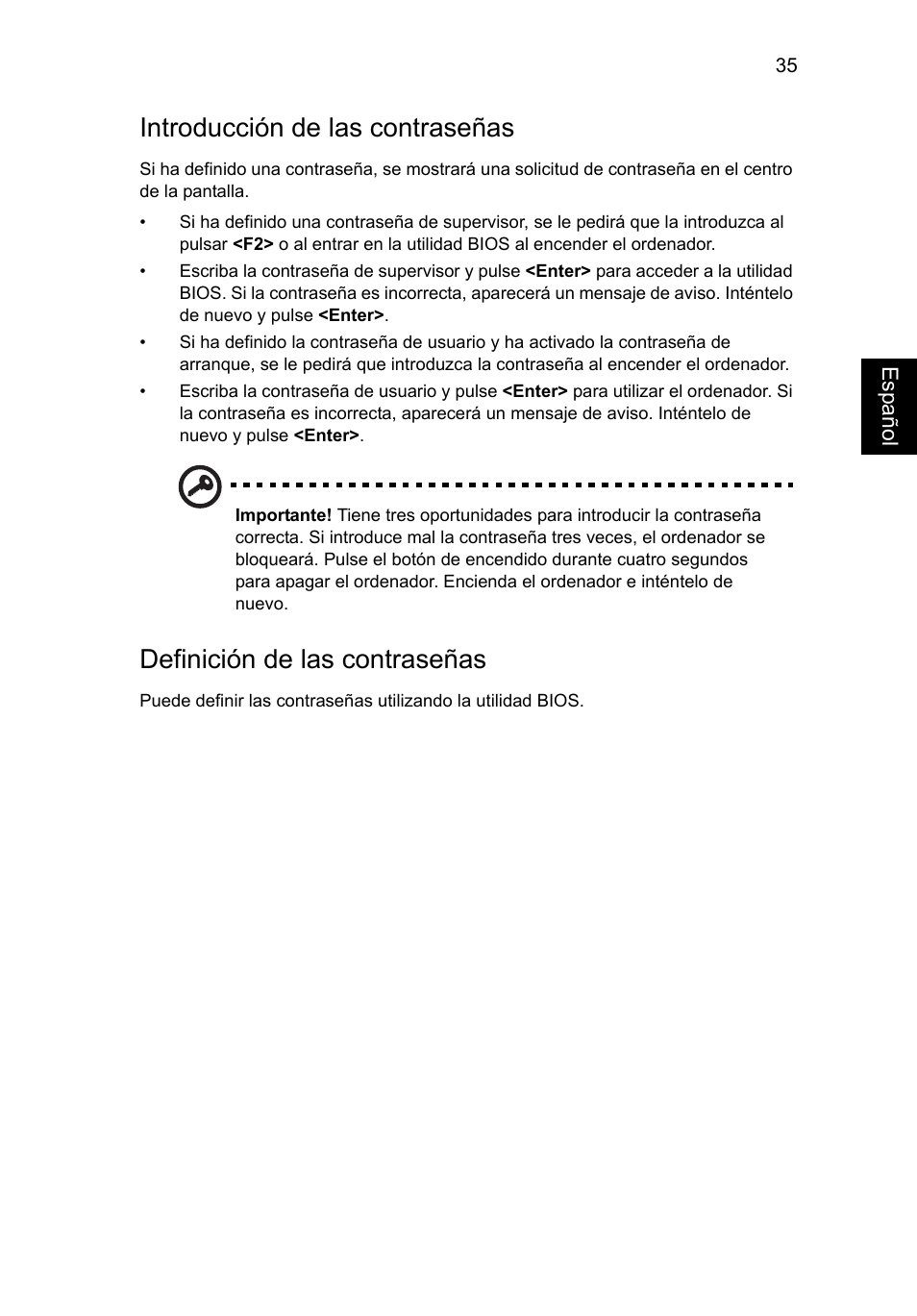 Introducción de las contraseñas, Definición de las contraseñas | Acer Aspire V5-571G User Manual | Page 401 / 2484