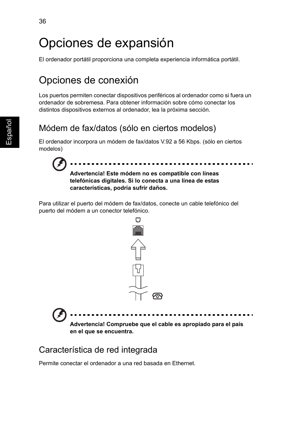 Opciones de expansión, Opciones de conexión, Módem de fax/datos (sólo en ciertos modelos) | Característica de red integrada | Acer Aspire V5-571G User Manual | Page 402 / 2484