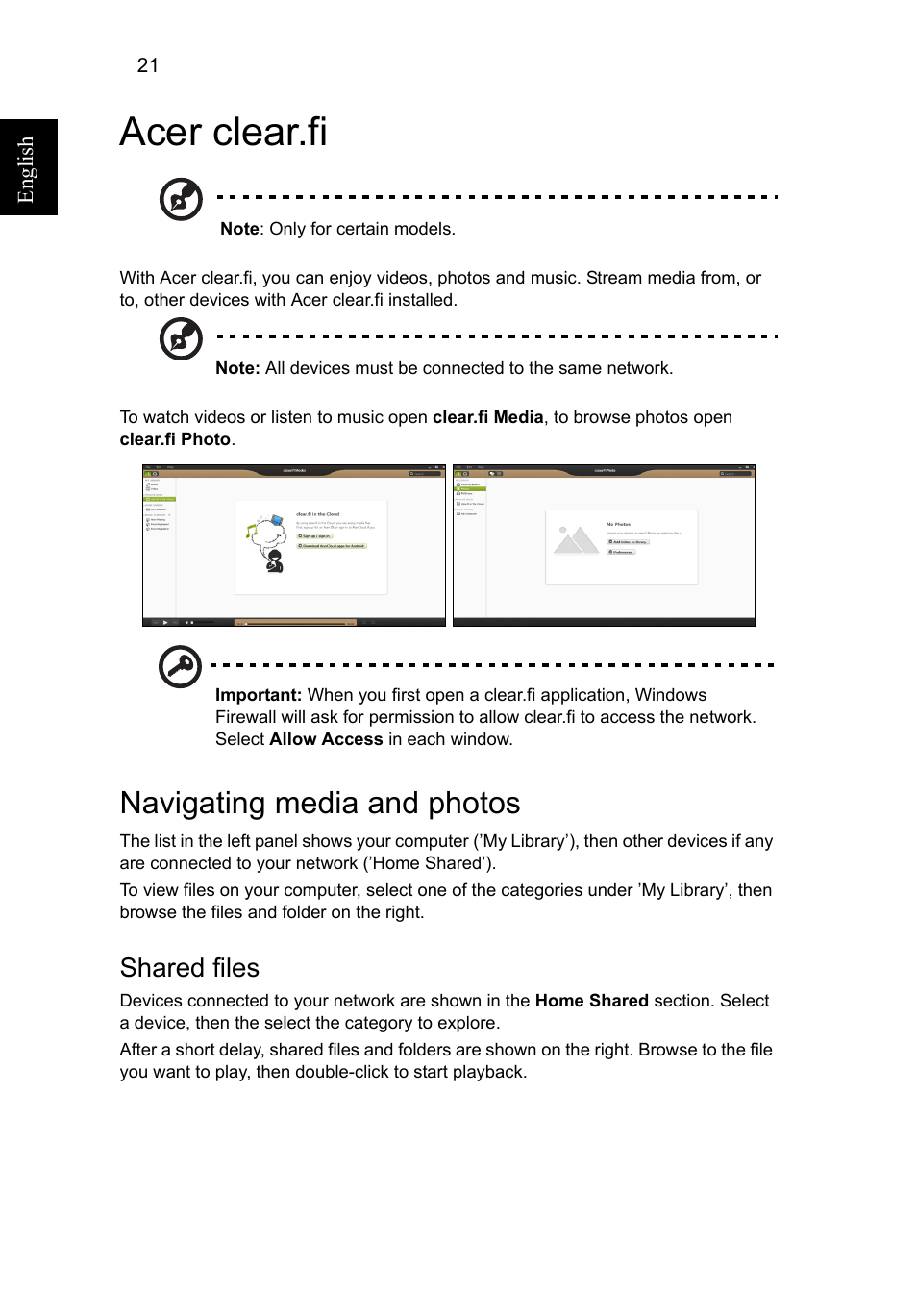 Acer clear.fi, Navigating media and photos, Shared files | Acer Aspire V5-571G User Manual | Page 42 / 2484