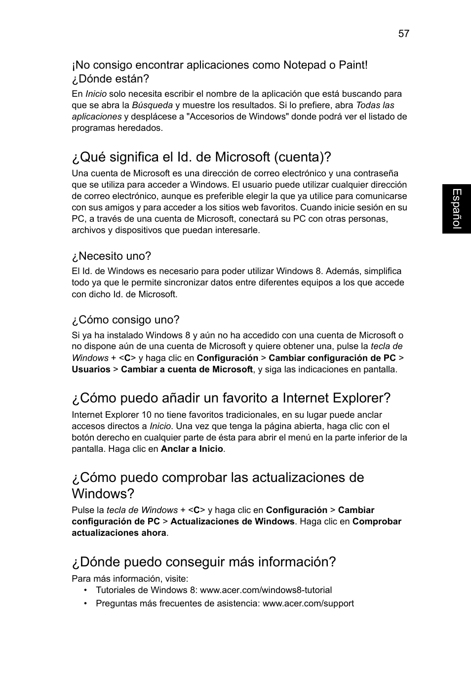 Qué significa el id. de microsoft (cuenta), Cómo puedo añadir un favorito a internet explorer, Dónde puedo conseguir más información | Acer Aspire V5-571G User Manual | Page 423 / 2484