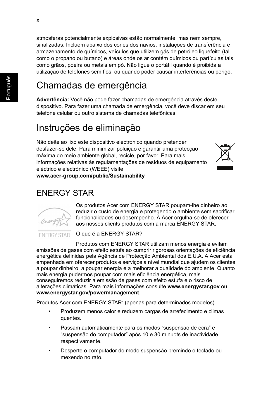 Chamadas de emergência, Instruções de eliminação, Energy star | Acer Aspire V5-571G User Manual | Page 438 / 2484