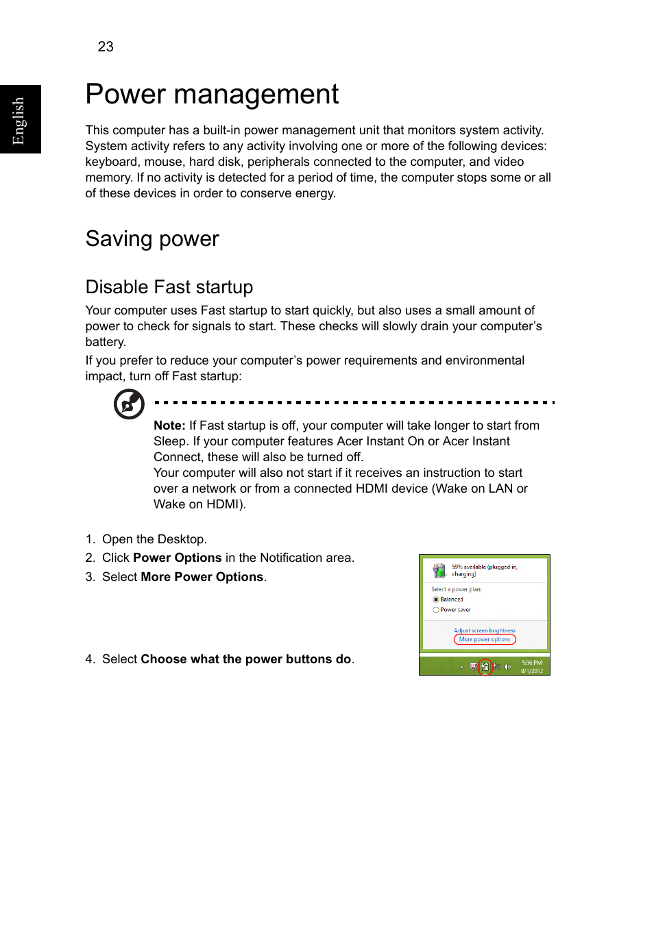 Power management, Saving power, Disable fast startup | Acer Aspire V5-571G User Manual | Page 44 / 2484