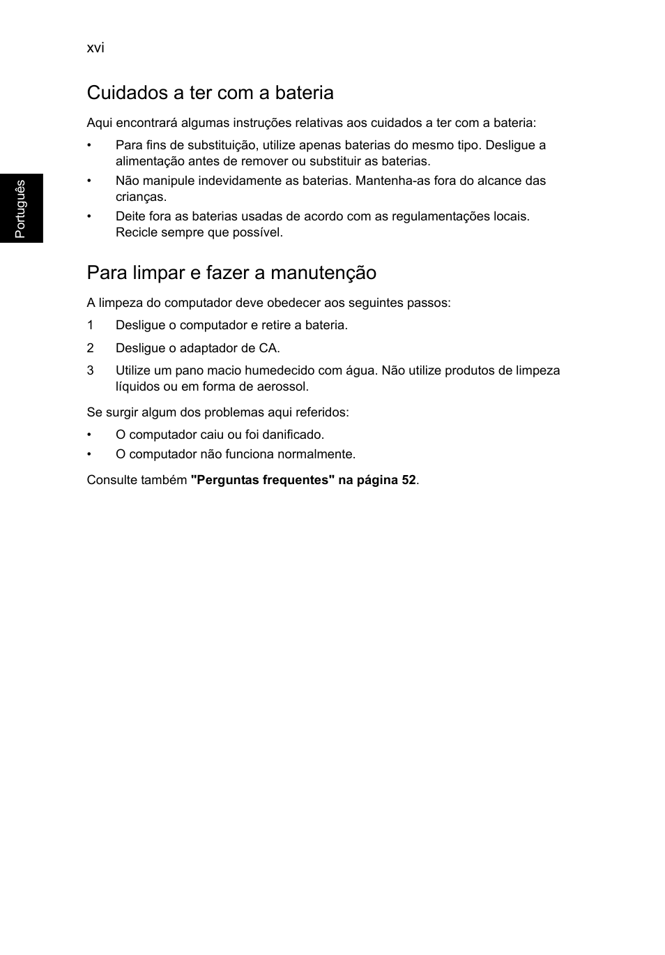 Cuidados a ter com a bateria, Para limpar e fazer a manutenção | Acer Aspire V5-571G User Manual | Page 444 / 2484