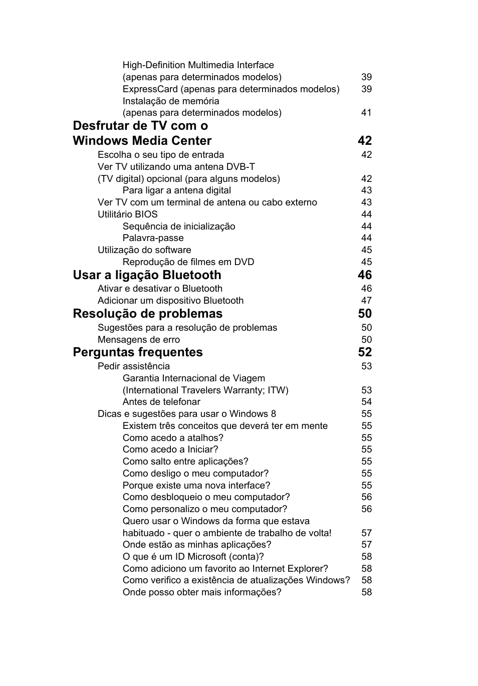 Desfrutar de tv com o windows media center 42, Usar a ligação bluetooth 46, Resolução de problemas 50 | Perguntas frequentes 52 | Acer Aspire V5-571G User Manual | Page 447 / 2484