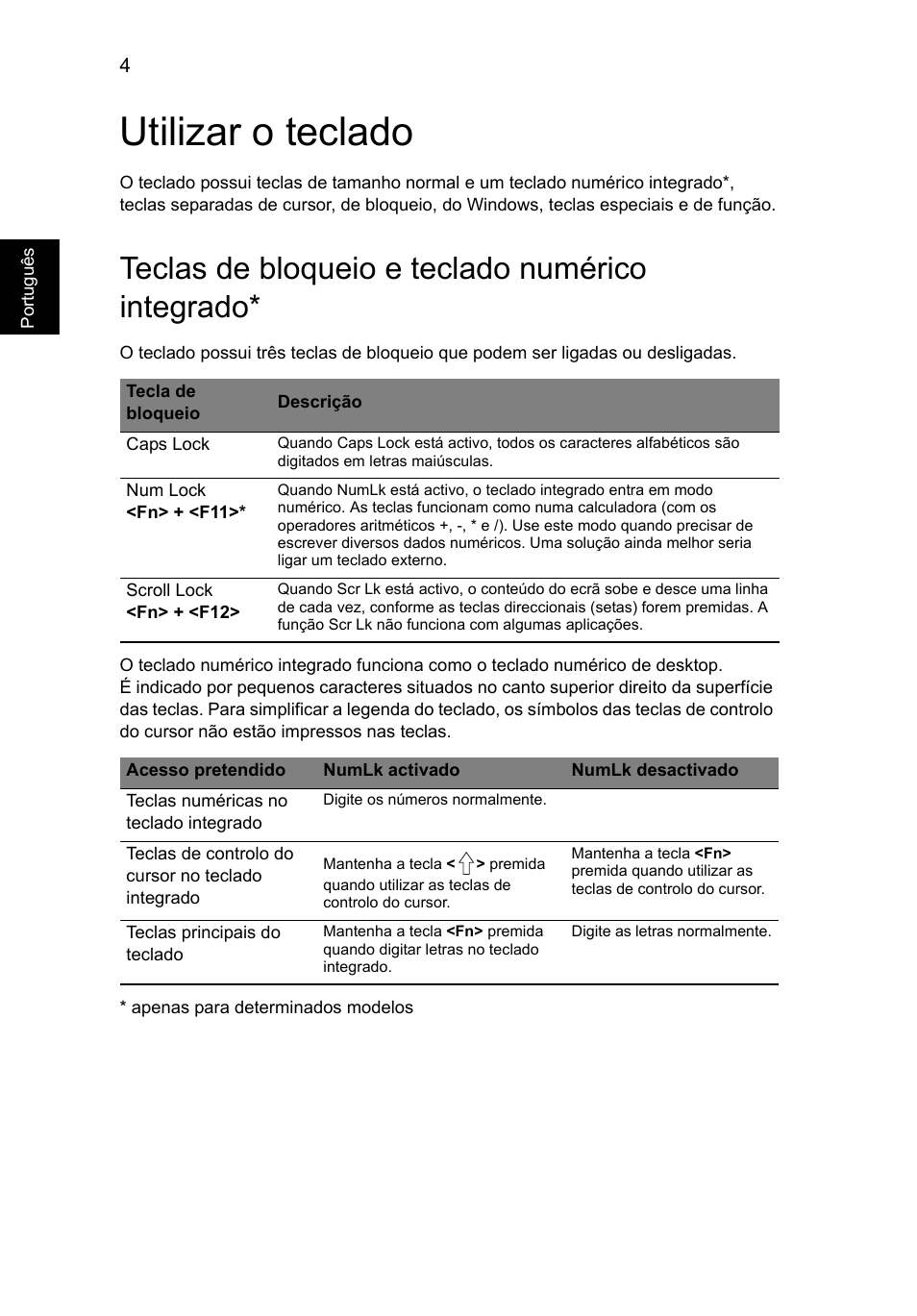 Utilizar o teclado, Teclas de bloqueio e teclado numérico integrado | Acer Aspire V5-571G User Manual | Page 452 / 2484