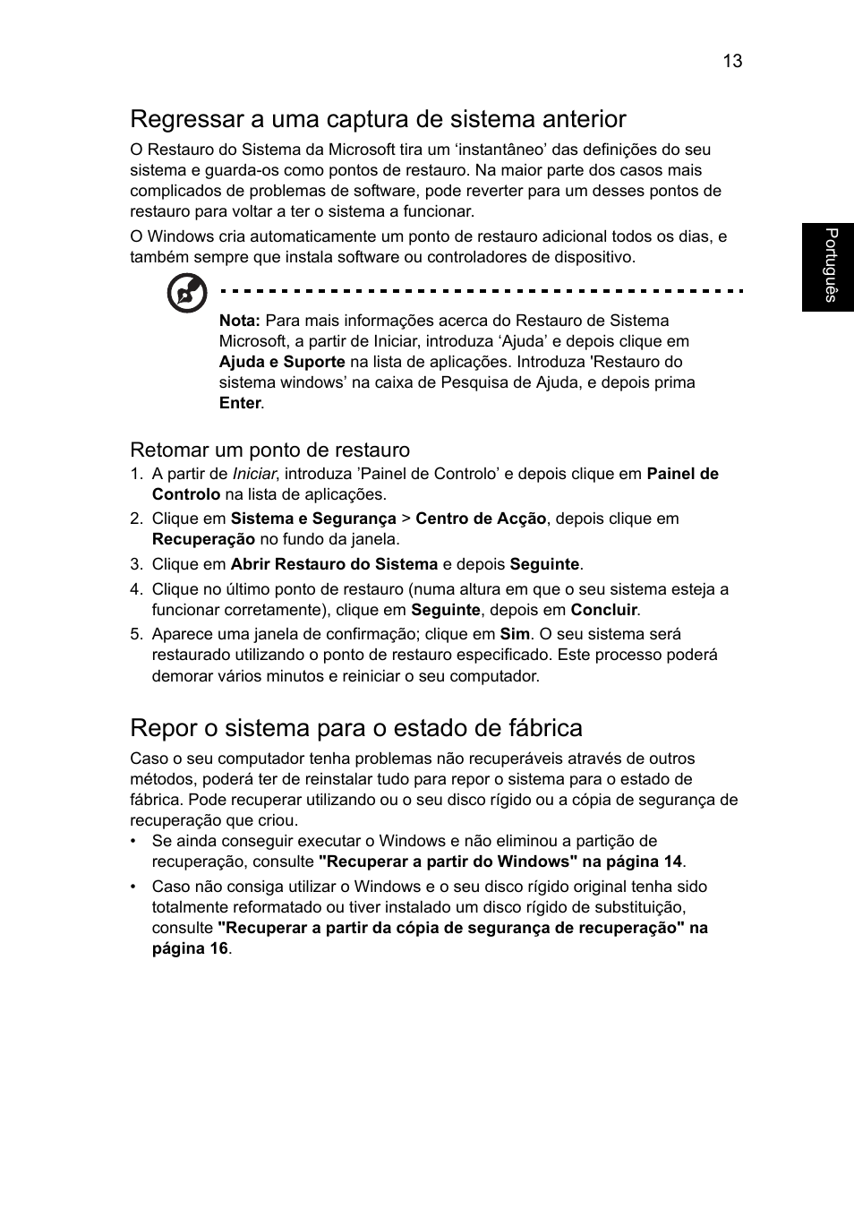 Regressar a uma captura de sistema anterior, Repor o sistema para o estado de fábrica | Acer Aspire V5-571G User Manual | Page 461 / 2484