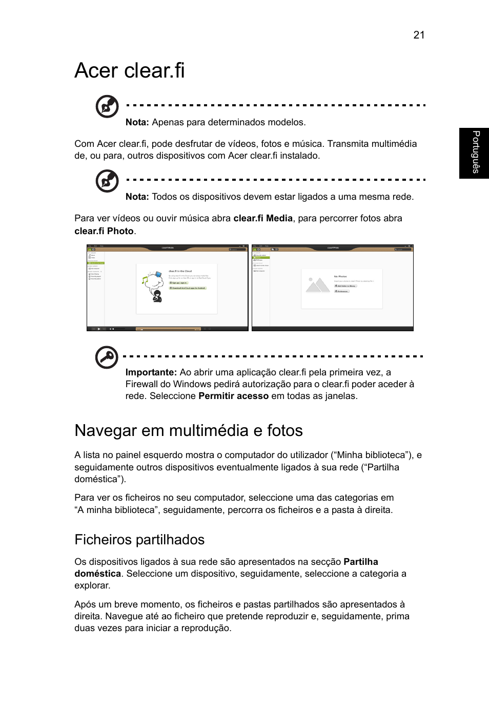 Acer clear.fi, Navegar em multimédia e fotos, Ficheiros partilhados | Acer Aspire V5-571G User Manual | Page 469 / 2484