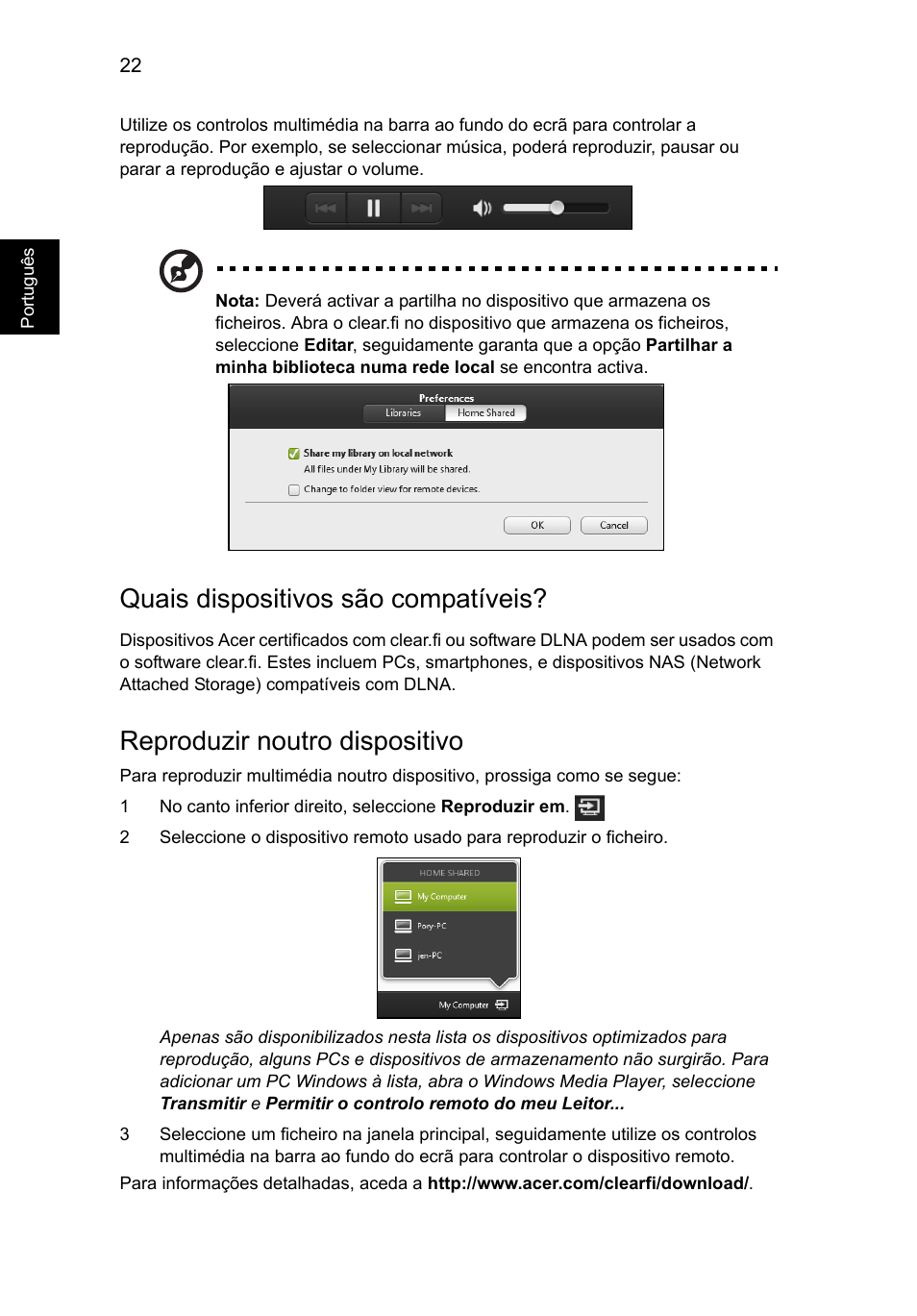 Quais dispositivos são compatíveis, Reproduzir noutro dispositivo | Acer Aspire V5-571G User Manual | Page 470 / 2484