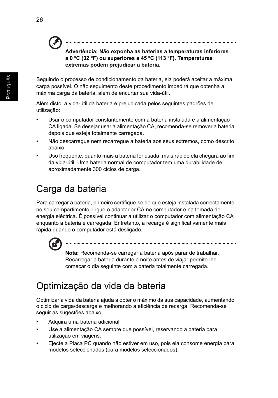 Carga da bateria, Optimização da vida da bateria | Acer Aspire V5-571G User Manual | Page 474 / 2484