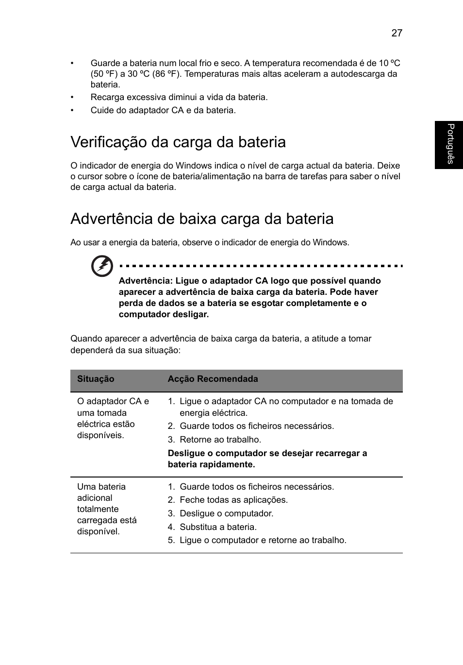 Verificação da carga da bateria, Advertência de baixa carga da bateria | Acer Aspire V5-571G User Manual | Page 475 / 2484