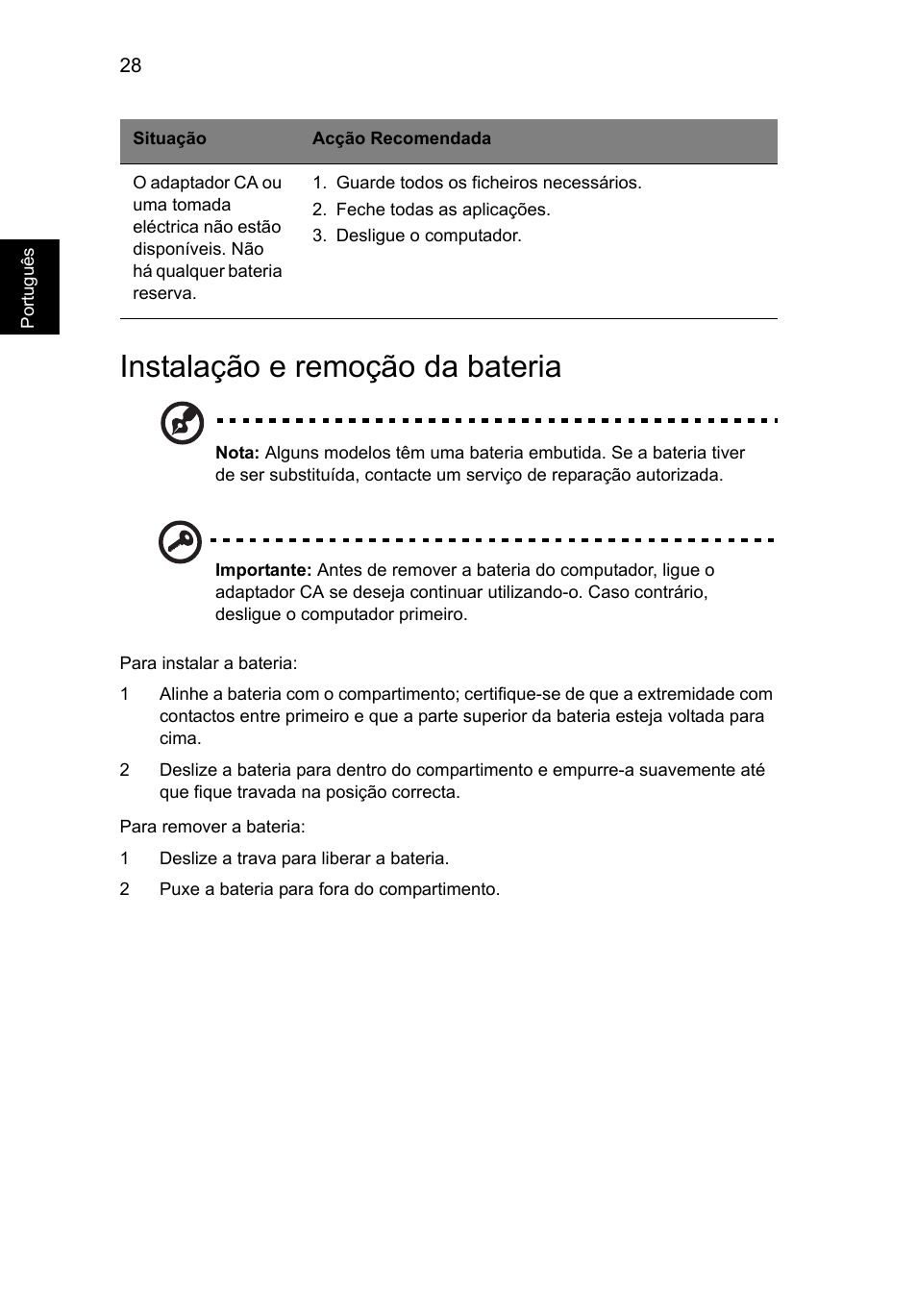 Instalação e remoção da bateria | Acer Aspire V5-571G User Manual | Page 476 / 2484