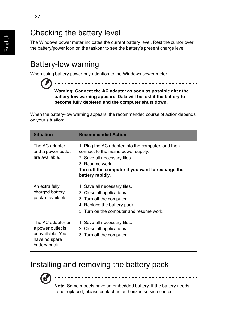 Checking the battery level, Battery-low warning, Installing and removing the battery pack | Acer Aspire V5-571G User Manual | Page 48 / 2484