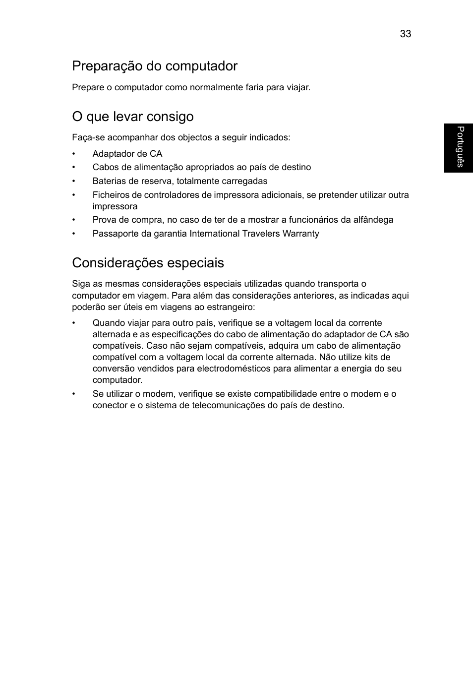 Preparação do computador, O que levar consigo, Considerações especiais | Acer Aspire V5-571G User Manual | Page 481 / 2484