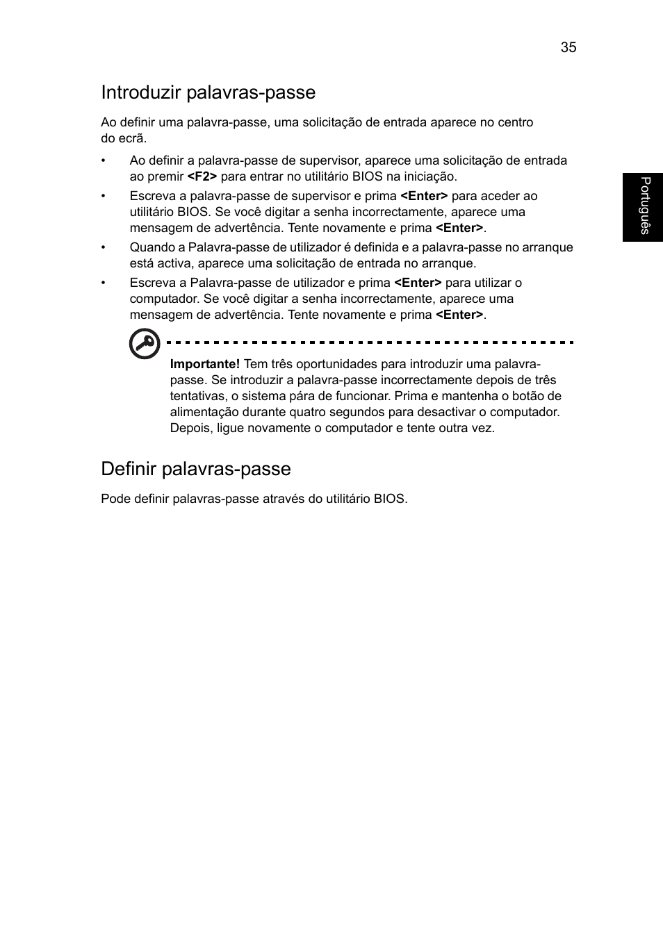 Introduzir palavras-passe, Definir palavras-passe | Acer Aspire V5-571G User Manual | Page 483 / 2484