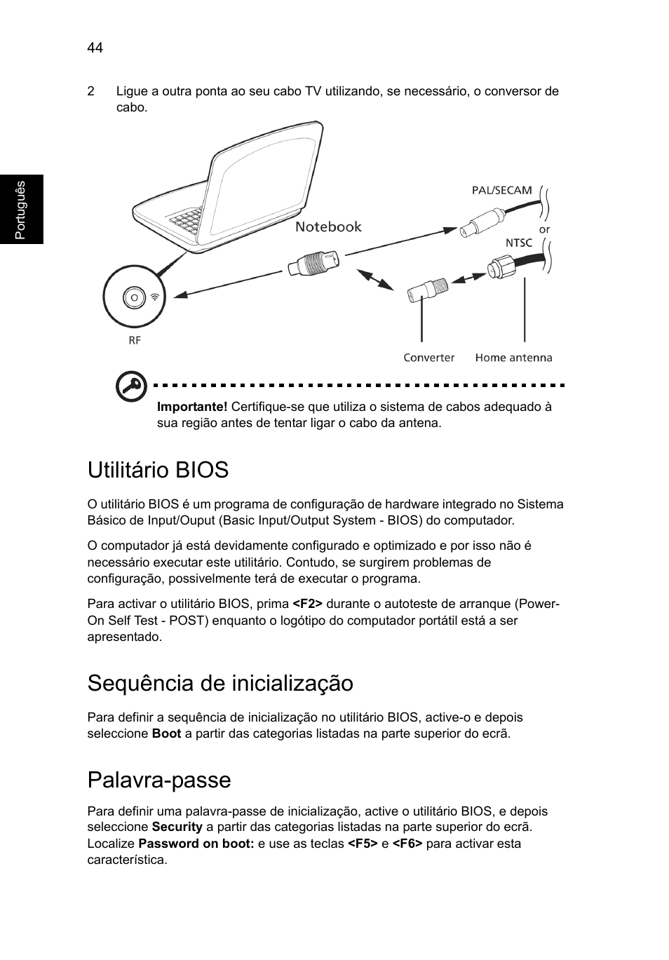 Utilitário bios, Sequência de inicialização, Palavra-passe | Acer Aspire V5-571G User Manual | Page 492 / 2484